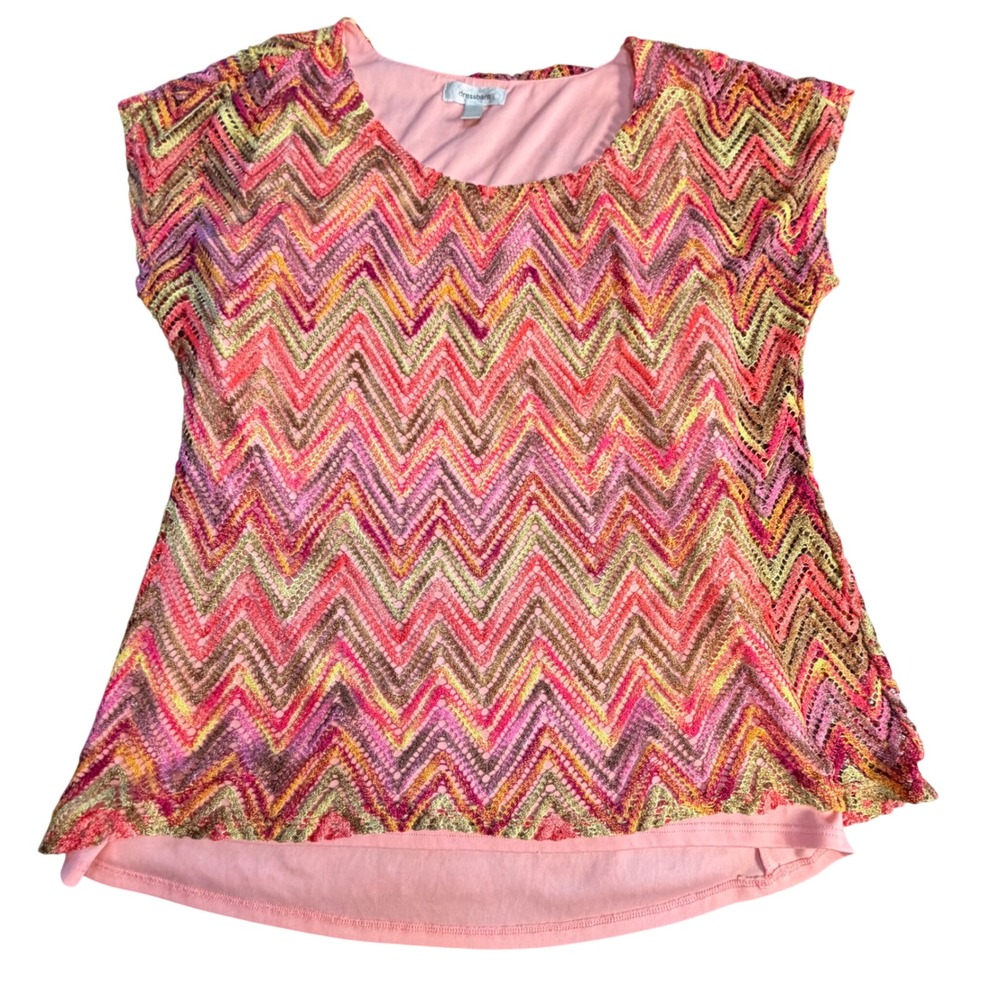 Dressbarn Womens XL Pink Orange Chevron Crochet Overlay‎ Lined Pullover Top 1097